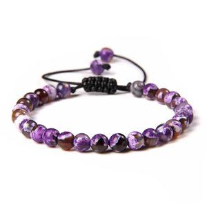 Unisex 6mm Purple Fire Agate Natural Stone Beaded Adjustable Rope Bracelet NEW
